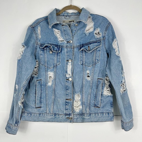 Topshop Moto Size 6 Oversized Very Distressed Light Wash Denim Jacket Blue - Picture 1 of 14